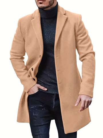 Men's woolen coat lapel collar midlength button closure