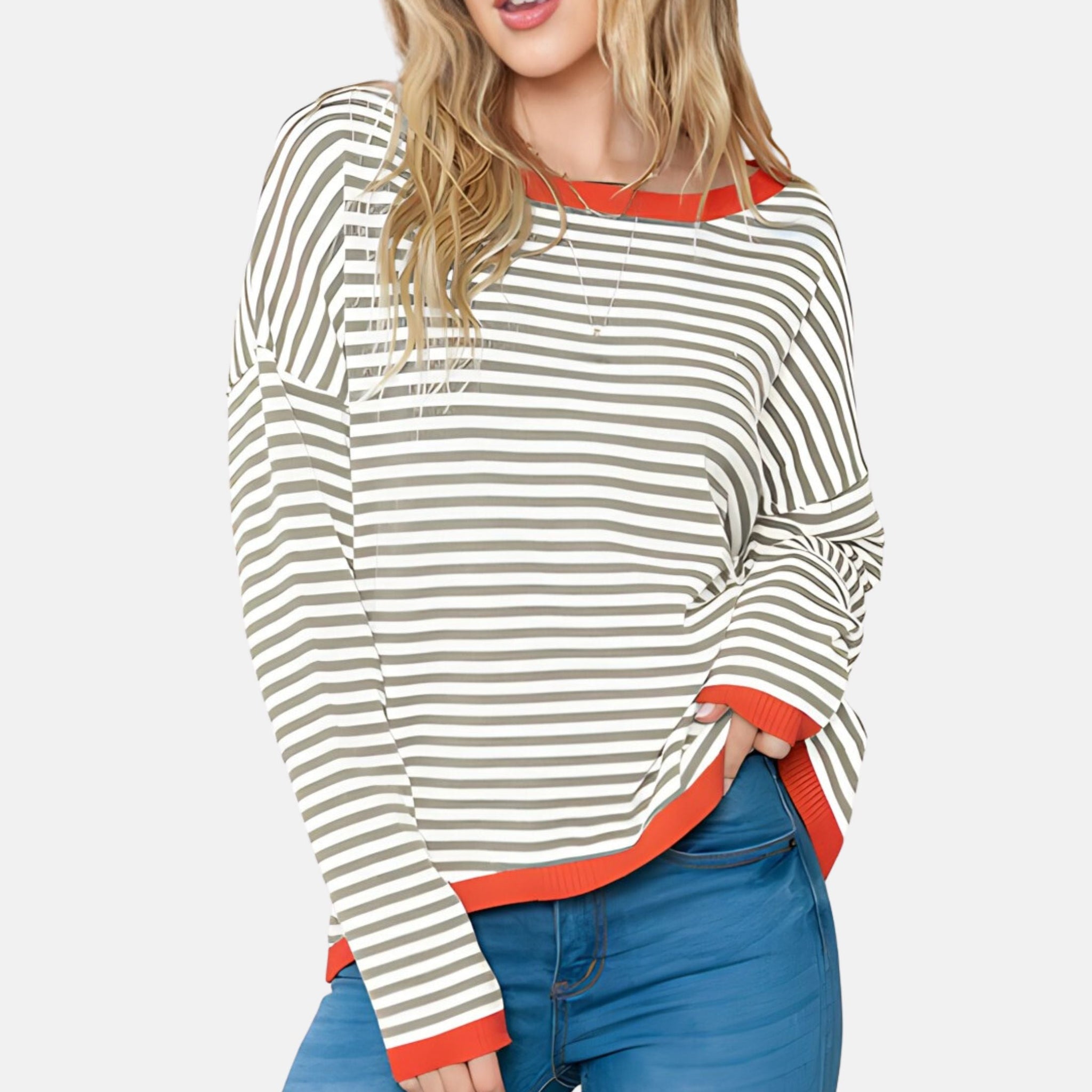 Women's drop shoulder striped contrast color knitted sweater