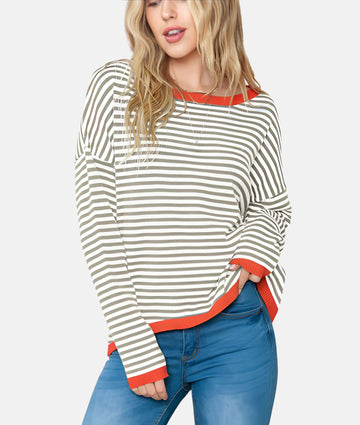 Women's drop shoulder striped contrast color knitted sweater