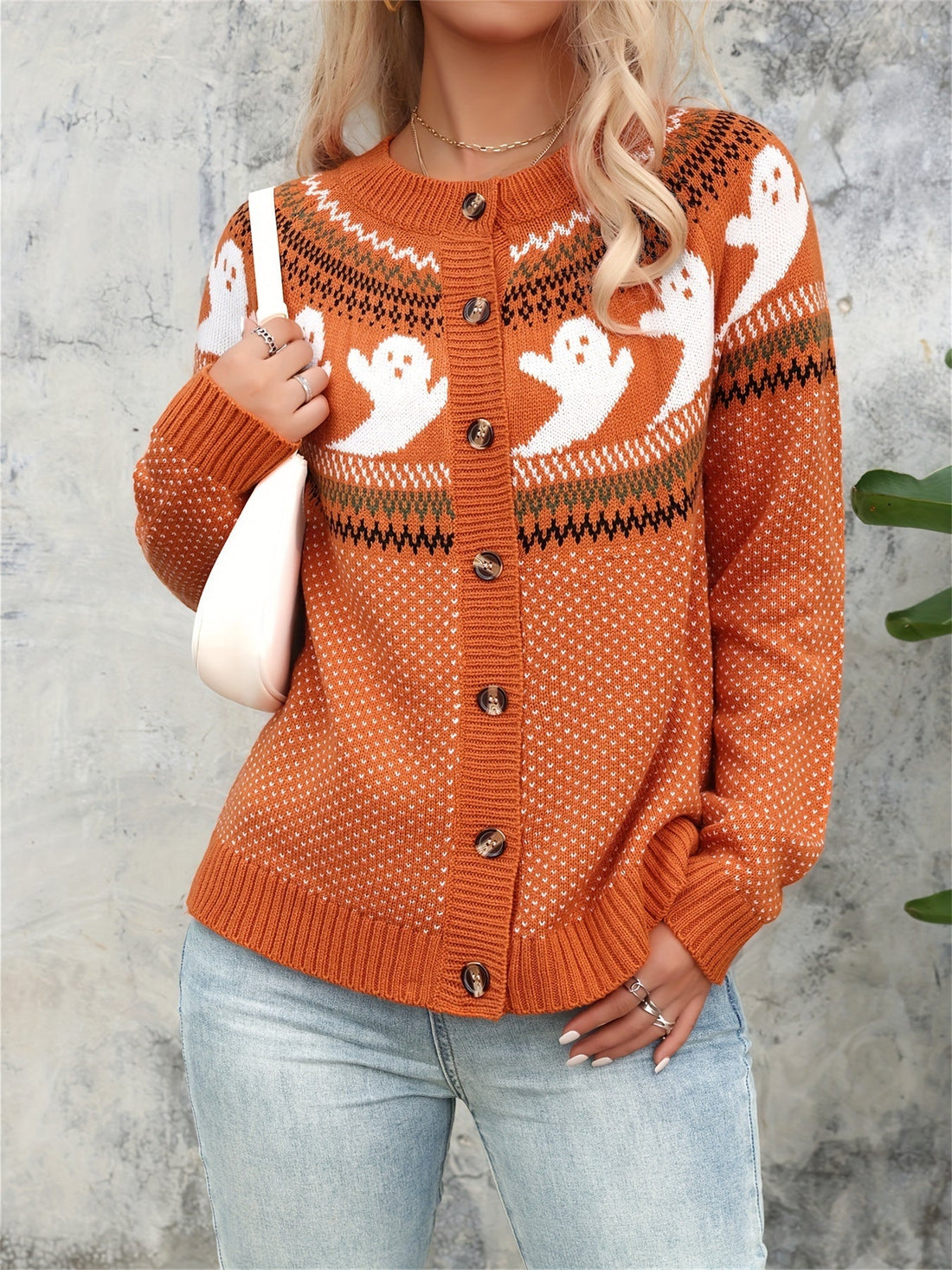 Women's halloween ghost polka dot long-sleeve knitted cardigan sweater
