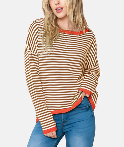 Women's drop shoulder striped contrast color knitted sweater
