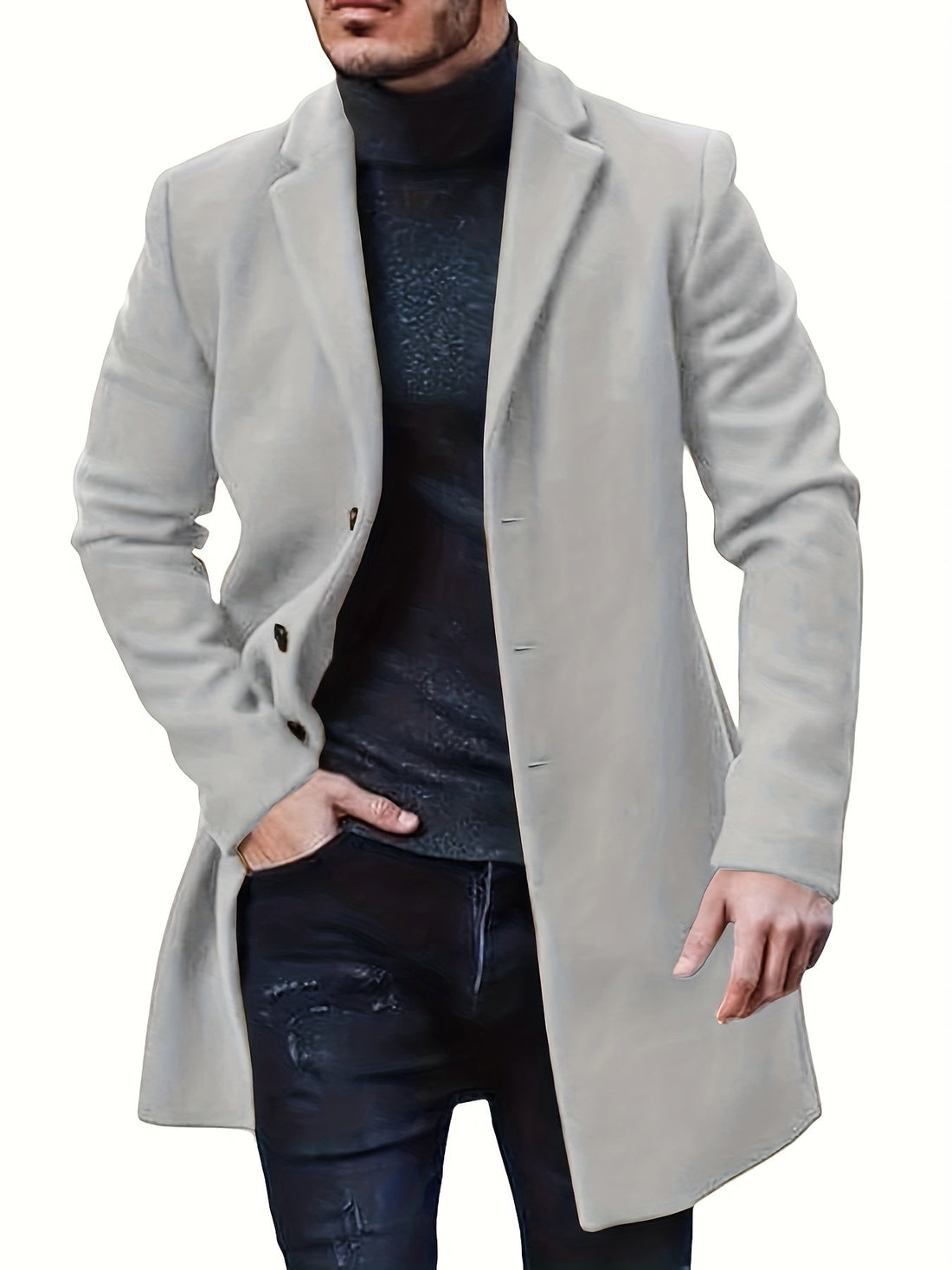 Men's woolen coat lapel collar midlength button closure