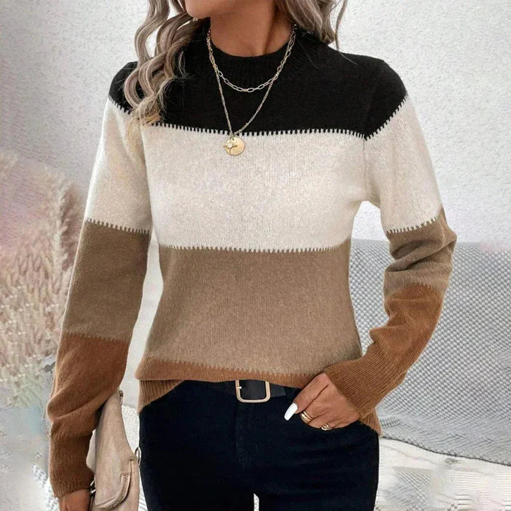 Color play knit pullover sweater for women