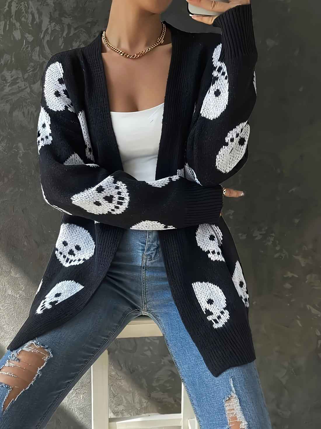 Women's halloween skull jacquard long-sleeve knitted cardigan