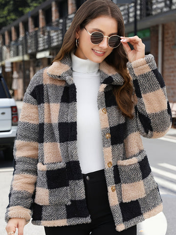Women's plaid plush pocket long-sleeved winter casual coat