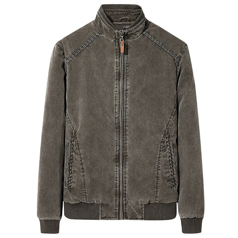 Men's slim fit washed retro casual jacket with stand collar