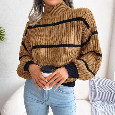 Women's contrast color half turtleneck knitted pullover sweater