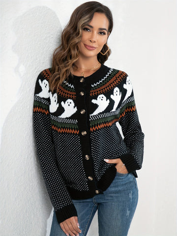 Women's halloween ghost polka dot long-sleeve knitted cardigan sweater