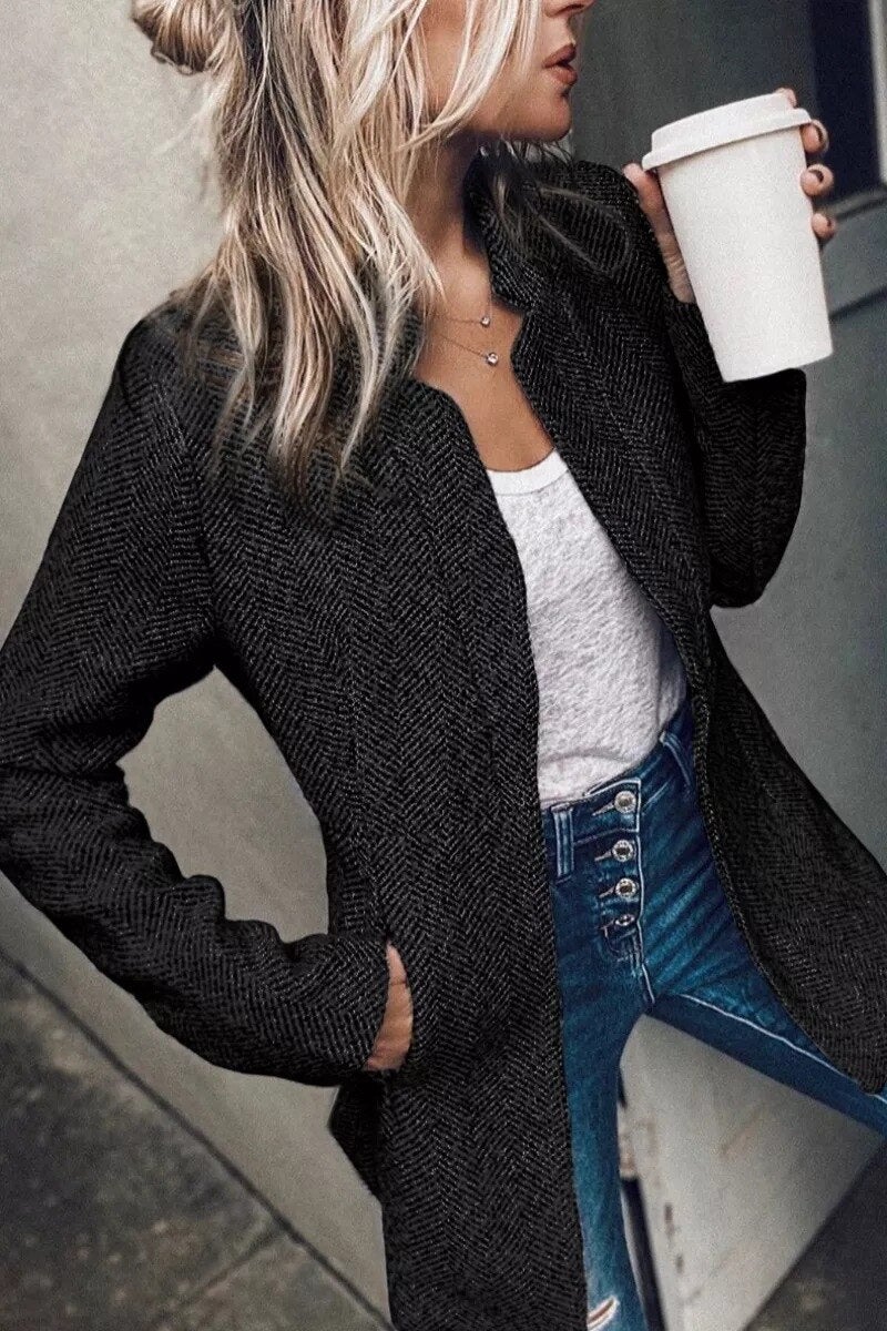 Women's autumn winter thickened tweed jacket with notched neckline and pockets